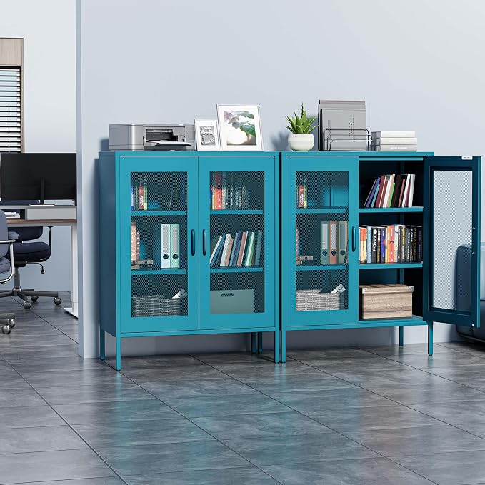Washsemba Metal Storage Cabinet with Mesh Doors,Steel Display Cabinet with Adjustable Shelves,Metal Office Storage Locker for Home Office,Garage(Blue, 40''H)
