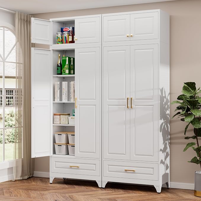 90" Kitchen Pantry Cabinet, Metal Storage Cabinets with Drawer | Kitchen Cabinet with 4 Doors & 3 Adjustable Shelves, Tall Food Pantry Cabinet, Cupboard for Kitchen, Dining Room, Living Room