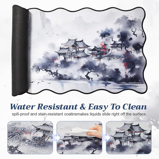 Kingdder Scalloped Japanese Desk Mat Large Aesthetic Ink Mouse Pad 31.5" x 15.7" Chinoiserie Nonslip Rubber Base Keyboard Pad for Laptop Gaming Office Computer Dorm Home