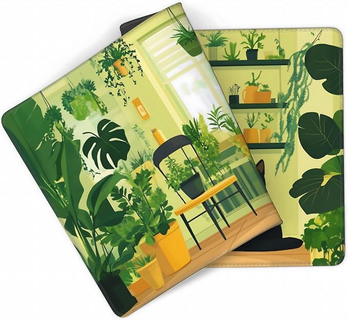 Cute Anime Black Cat Gaming Mouse Pad, Green Yellow Urban Jungle Desk Mat with Anti-Slip Base & Stitched Edges, Office & Home Desk Decor for Women, 35.4" x 15.7" in Computer Desktop Mat