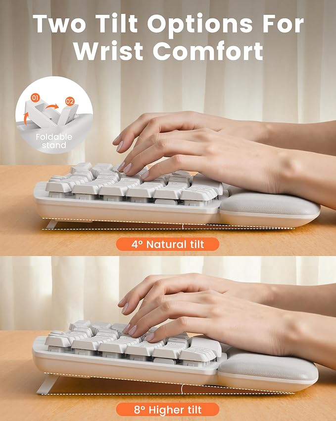 White Wireless Keyboard and Mouse Combo for MacBook & Windows, 30dB Quiet Ergonomic Keyboard Set with Wave Keys & Soft Palm Rest, Silent Typing, Dual-System Switch, Ideal for Home Office—Sablute