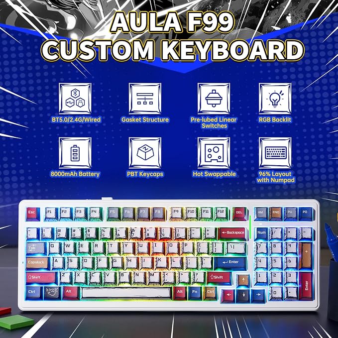 Aula F99 Wireless Mechanical Keyboard Creamy Computer Gaming Keyboards | 8000mAh Rechargeable,Hot Swappable Custom,RGB Backlit,Tri-Mode BT5.0/2.4GHz/USB-C,Pre-lubed Linear Switches,Gasket Structure