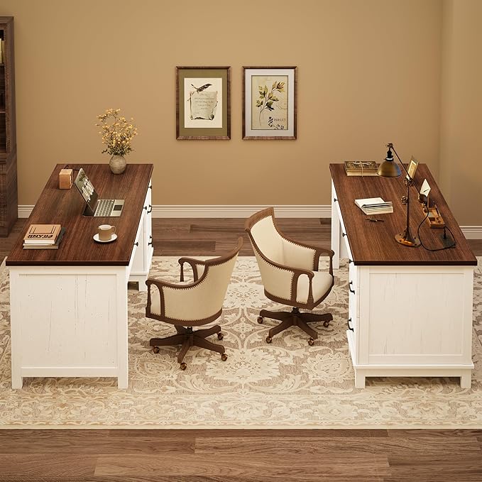 Garvee 53.5" Wooden Home Office Desk with File Drawers, Executive Desk with Power Outlet, Farmhouse Wood Desk with Storage, Distressed Study and Work Table, Rustic White