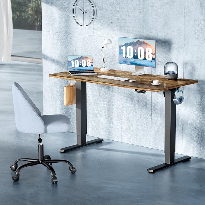 DUMOS 63 Inch Electric Standing Desk, Memory Adjustable Home Office Desk | Sit Stand Up Desk for Work Home Office,Adjustable Desk, Rising Computer Table with Splice Board,Cable Management,Hook,Brown