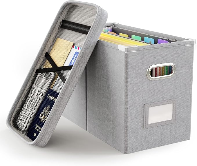 File Organizer with Lid, Hanging Filing Box with Mesh Pocket, Document Organizer for Letter Files, Portable Storage Box with Smooth Sliding Rail for Office & Home (1 PCS, Light Grey)