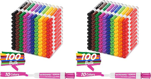 WOSWEL Dry Erase Markers, Chisel Tip Whiteboard Markers, Low Odor Thick Dry Markers, 100 Bulk 10 Assorted Colors for Teachers, Classroom, Office & Home Use (Pack of 2)