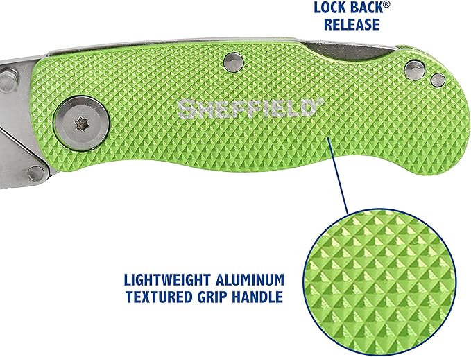 Sheffield Folding Utility Knife, Accepts Standard Utility Knife Blades, Box Cutter Aluminum Handle, Razor Blades Included, For Home, Office, Trades, and Warehouse