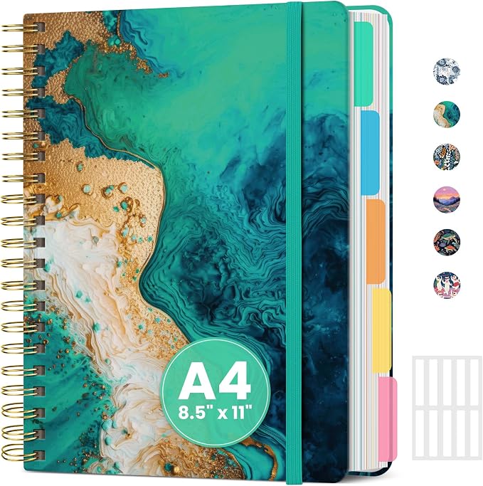 ZOTIA Large Spiral Notebook for Work, 8.5" x 11" Journal for Women, Cute 5 Subject Notebook with Removable Dividers & Tabs, College Ruled Lined Journal for Office and School, 280 Pages, Emerald Shore