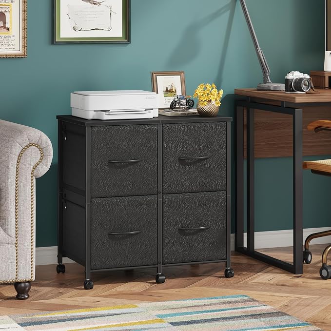 4 Drawer Mobile Lateral File Cabinet 23''W for Large Printer | Sturdy Metal Frame & Wood Top, Holds 50 Lbs, Casters, Fits Letter/A4 Size (No Legal), Fabric Drawer, Black