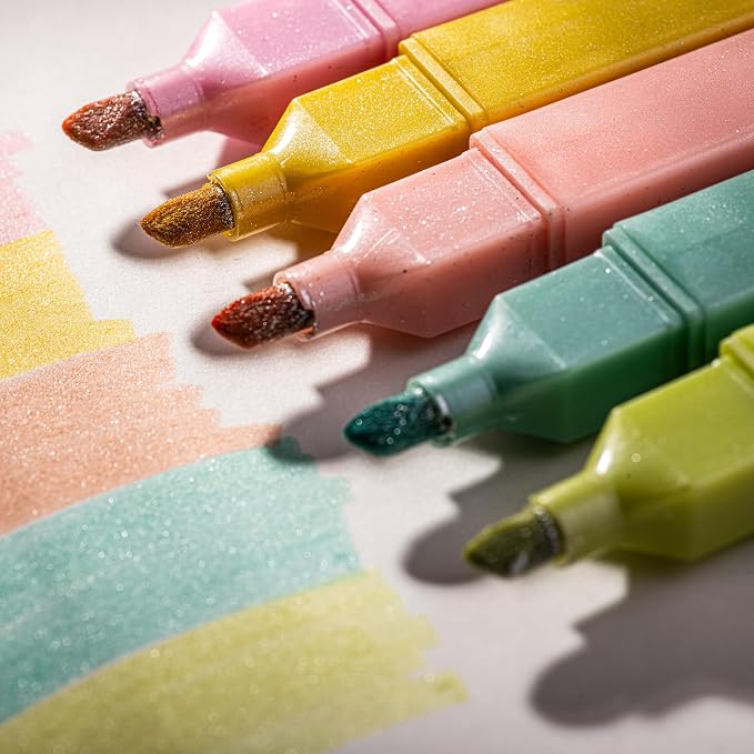 DIVERSEBEE Glitter Bible Highlighters with Soft Chisel Tip (Sunshine) | 5 Pack Assorted Color Pens No Bleed, Quick Dry, Cute Aesthetic Marker Set for Bible Study Journaling Supplies