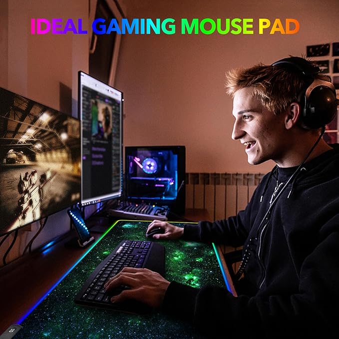 AIMSA RGB Gaming Mouse Pad Extended, Large Led Mousepads Non-Slip Rubber Base with 14 Lighting Modes, Computer Keyboard Mat Soft Desk pad 35.4 x 15.8 inches, Green Star River