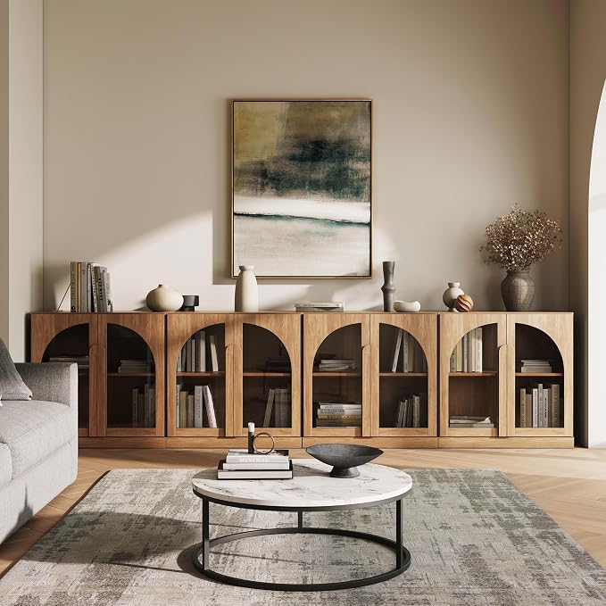 BELLEZE 2 Tier Bookshelf with Arched Glass Door, Set of 4 Modern Display Bookcase Shelf with Storage and Adjustable Shelves, 126" Wood Bookshelves for Living Room Office Entryway (Camel)