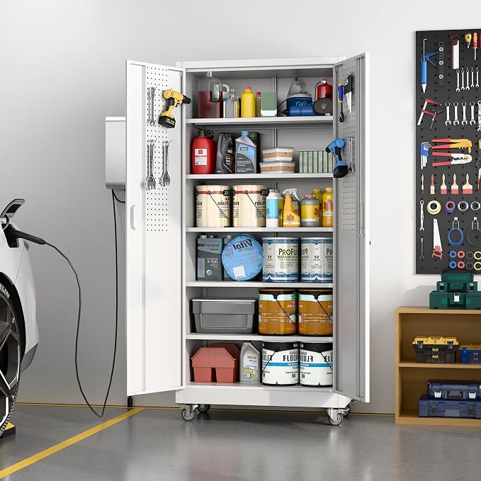 71" White Metal Storage Cabinet with Wheels, Pegboard and Lock | Required assembly; white metal cabinet with 4 removable casters, pegboard and 4 hooks, lock with 2 keys, and 5 shelves.