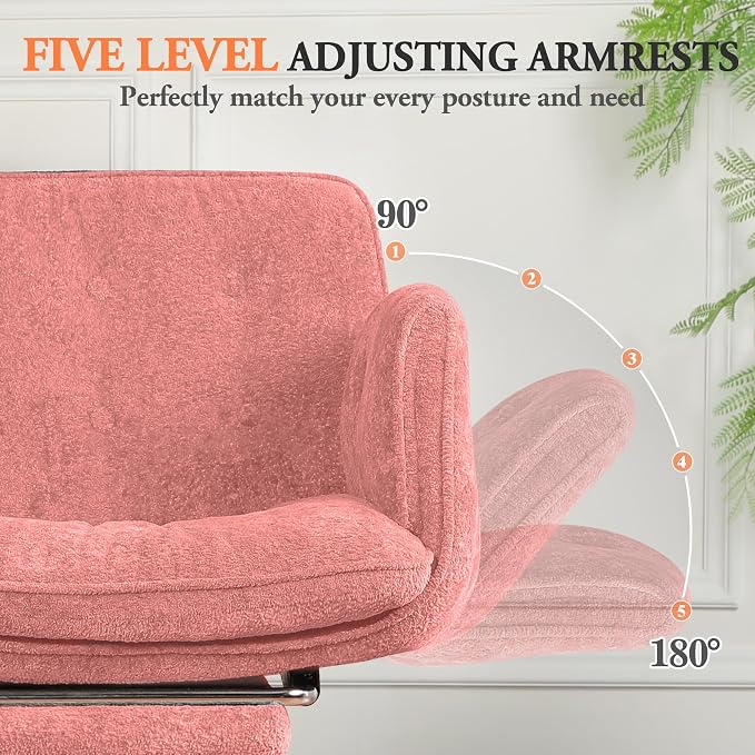Criss Cross Chair with Footrest & 5 Level Folding Arms Full Relaxation, Wide Cross Legged Office Chair for Home Office, Comfy Swivel Desk Chair with Ottoman, Chenille Vanity Chair (Pink)