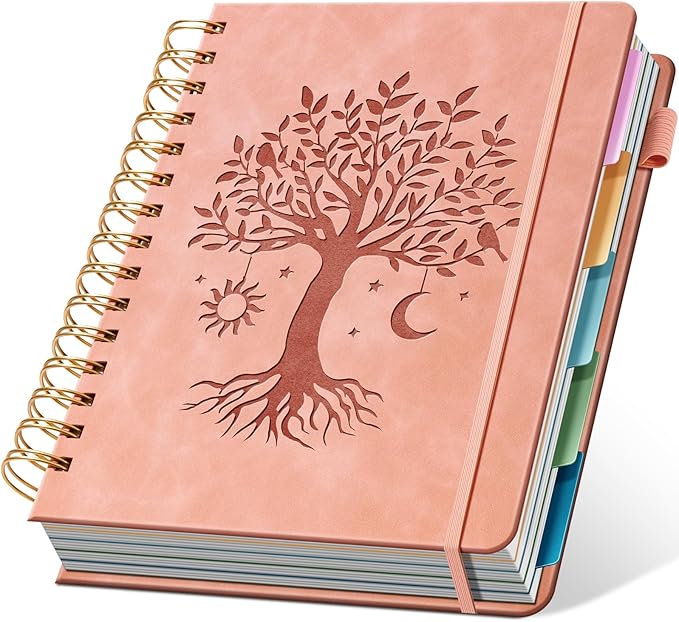 Hardcover Spiral Notebook 6.1" x 8.4" with 5 Removable Dividers 300 Pages Leather 5 Subject Notebook College Ruled 100GSM Large Spiral Notebooks for Work Thick Lined Journal for Women, Pink