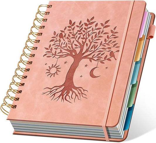 Hardcover Spiral Notebook 6.1" x 8.4" with 5 Removable Dividers 300 Pages Leather 5 Subject Notebook College Ruled 100GSM Large Spiral Notebooks for Work Thick Lined Journal for Women, Pink