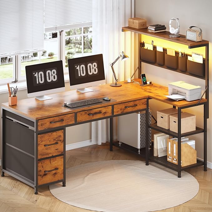SEDETA 47.2" Reversible L Shaped Office Desk with Drawers, Hutch, Shelves | L Shaped Computer Desk with 5 Fabric Drawers, Storage, Power Outlet and LED Lights for Home Office, Rustic Brown