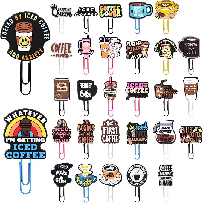 30 PCS Coffee Paper Clips Metal Paperclip Large Size Paper Clip Cute Bookmark Colorful Office Supplies Bookmark Clamp Desk Accessories Stationery Gifts