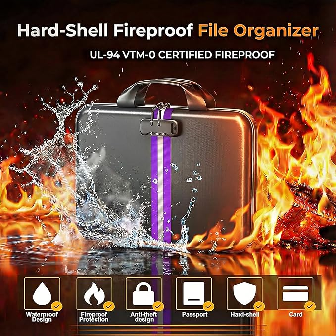 Fireproof Accordion File Organizer with Lock,Hard-Shell Fireproof Document Box with 13 Pockets for Certificates, Passports Laptop Important Documents Portable Home Office Travel Safe Storage