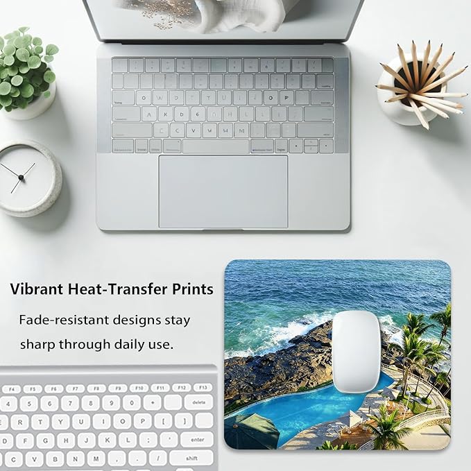 Luxury Cliffside Resort Pool with Palm Trees Mouse Pad, Tropical Desk Mat | Coastal Vacation Paradise Design, Cute Mousepad Stitched, Anti-Slip Base Smooth Surface, 9.5 x 7.9 Inches