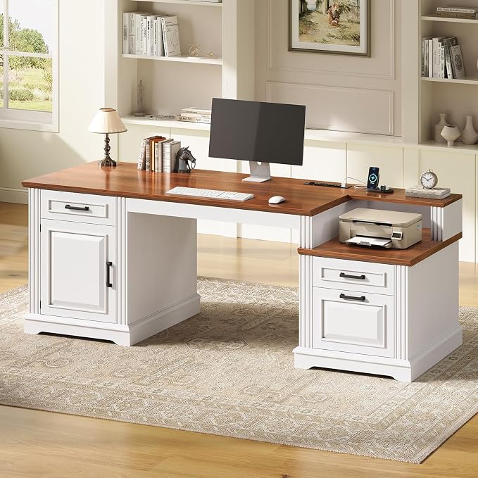 SEDETA Farmhouse Executive Desk, 62'' Home Office Desk with File Drawers, 3Drawer and Storage Cabinet, Computer Desk with Power Outlet for Home Office, Work Study Writing, White + Walnut