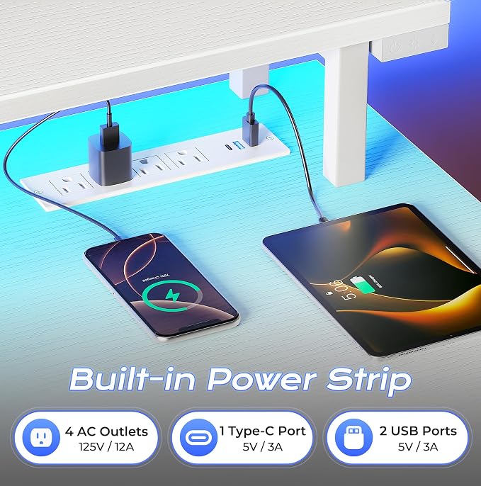 55 inch Gaming Desk, LED & Power Outlets, Monitor Stand, White | Sturdy PC Desk for Home Office, Study & Work, LED Lights, 4 AC Outlets & USB-C Charging Station