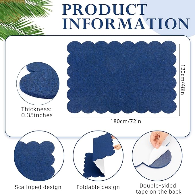 Scalloped Felt Bulletin Board 72 x 48 Inches Foldable Dark Blue Pin Cork Board Alternative for Wall, 6' x 4' Trifold Picture Vision Self Adhesive Bulletin Decorative