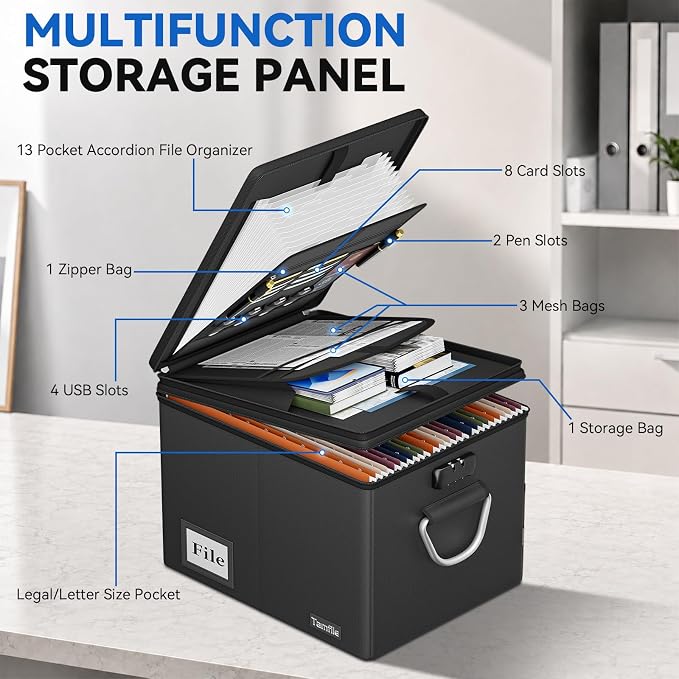 Tamfile Fireproof Document Organizer Box with Accordion File Folder,Black | 13 Transparent Pocket, Filing Storage Cabinet, Lock＆Handle, Portable Home Office Safe for Hanging Letter/Legal Folder