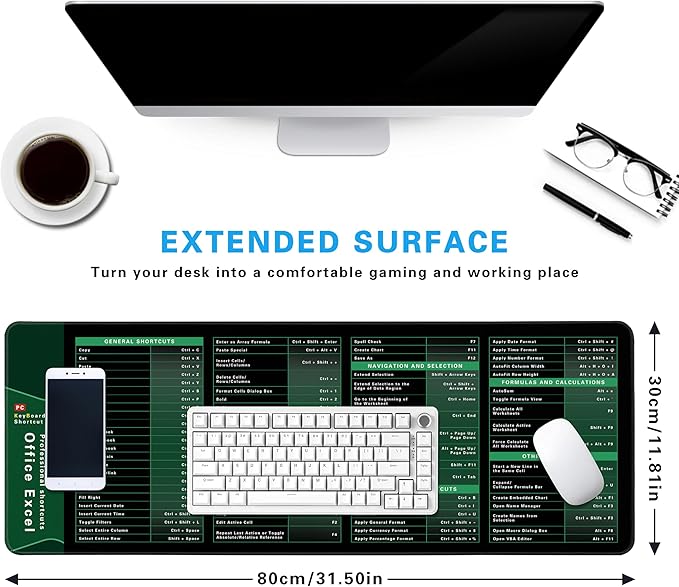 Excel Shortcut Keys Mouse Pad - Extended Large XL Cheat Sheet Gaming Mousepad | PC Office Spreadsheet Keyboard Mat | Non-Slip Stitched Edge 31.5"x11.8"