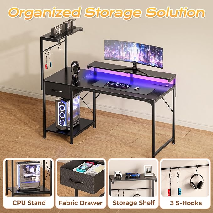 47.2 Inch Gaming Desk with LED Lights & Power Outlets | Computer Desk with Drawer & Storage Shelves, Office Writing Desk with Monitor Stand for Work from Home, Black
