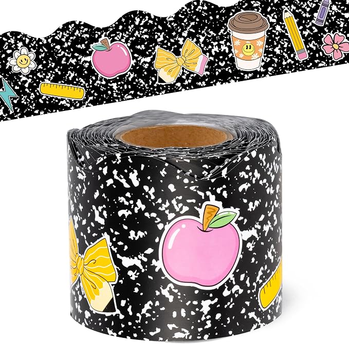 BeYumi Composition Rolled Border Trim - 65ft Back to School Composition Pencil Bow Scalloped Rolled Border Trim Ruler Apple Bulletin Board Set School Classroom Office Chalkboard Party Holiday Decor
