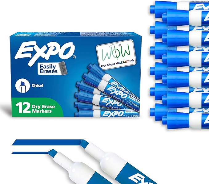 EXPO Low Odor Dry Erase Markers Chisel Tip Blue 12 Count