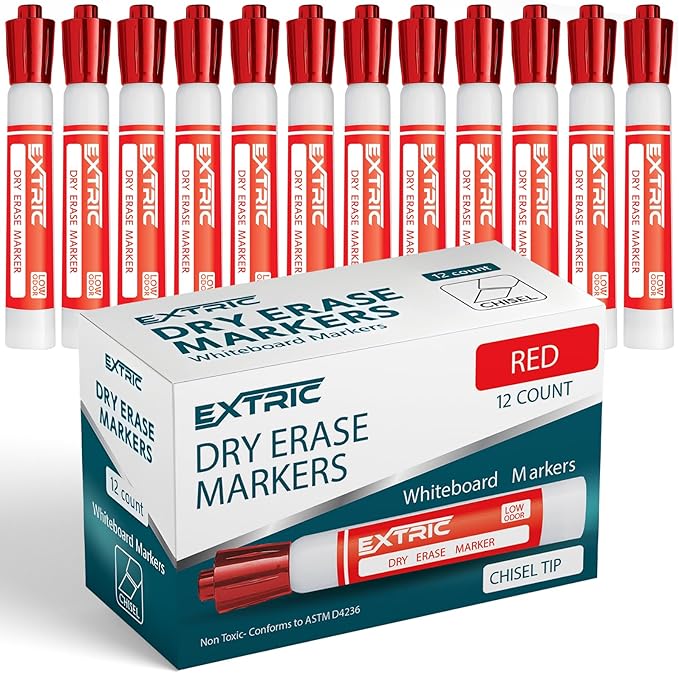 EXTRIC Red Dry Erase Markers, 12 Count Whiteboard Markers Chisel Tip, White Board Marker Dry Erase, Low Odor Chisel Tip Erasable Markers