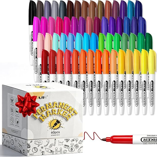 SFAIH 60 Colors Permanent Markers Fine Point, Art Coloring & Crafts & Mark | Assorted Vibrant Colors, Quick-Drying Waterproof, Long-Lasting, Work on Paper Posters Plastic Fabric Drawing, School & Office