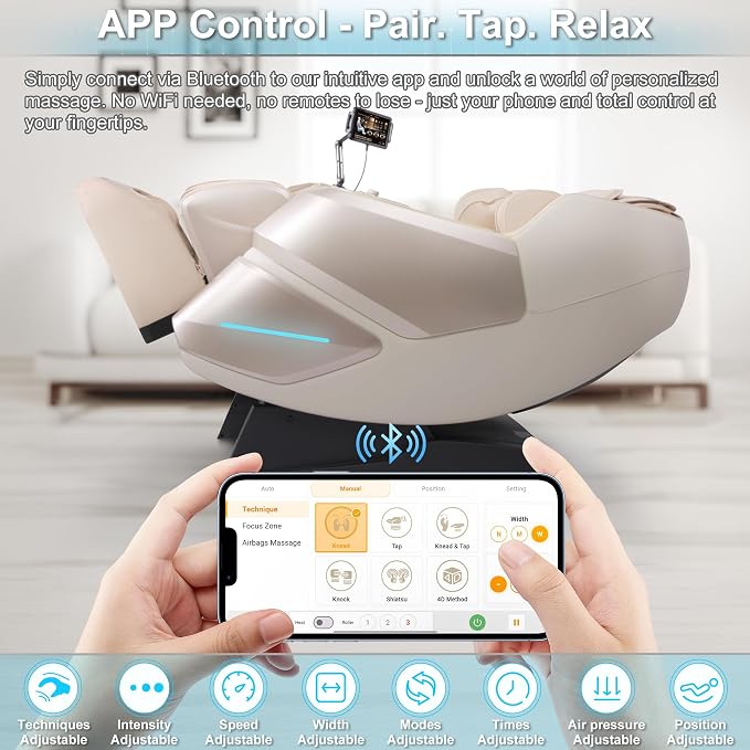 MT339 4D Massage Chair, Full Body Recliner, OTA Update, Golden | Yoga stretch, 22+5 modes, body scan, app and AI Voice Control, auto footrest, 166° zero gravity and heat for daily comfort.