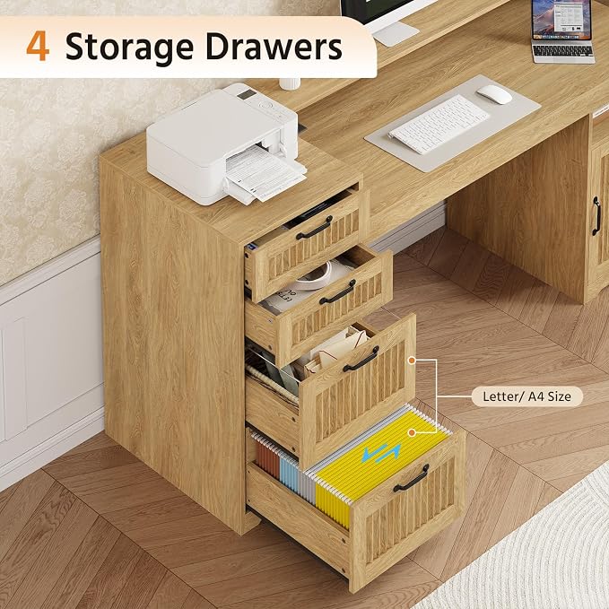 63" Fluted Computer Desk with 4 Drawers for Home Office, Bedroom | Wood Executive Desk with Printer Shelf, Monitor Stand, Home Office Desks with Power Outlets, Storage Shelves, Oak, Boho Desk