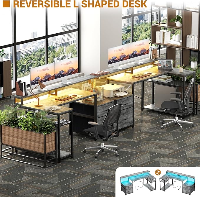 Aheaplus L Shaped Desk with File Drawer, Reversible L Shaped Computer Desk Gaming Desk with Power Outlet & LED Strip, Home Office Desk with Monitor Shelf, Corner Desk with Storage Shelves, White Oak