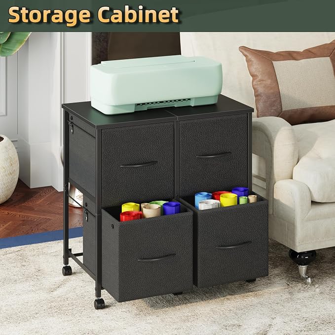 4 Drawer Mobile Lateral File Cabinet 23''W for Large Printer | Sturdy Metal Frame & Wood Top, Holds 50 Lbs, Casters, Fits Letter/A4 Size (No Legal), Fabric Drawer, Black