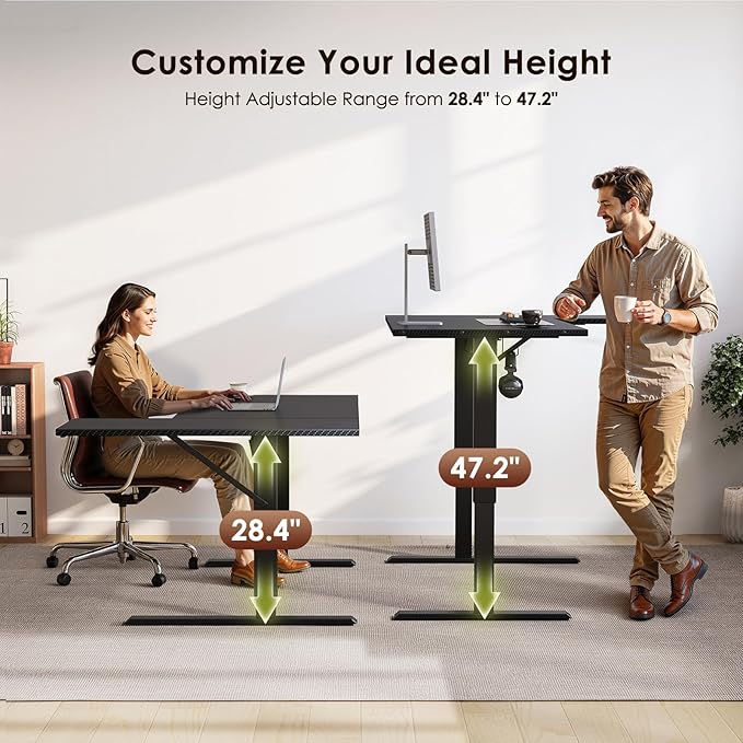 OffiGo Electric L Shaped Standing Desk, 63 Inches Height Adjustable Table, Reversiable Corner Stand Up Desk, Lifting Computer Table for Home Office, Computer Workstation, Carbon Fiber Black