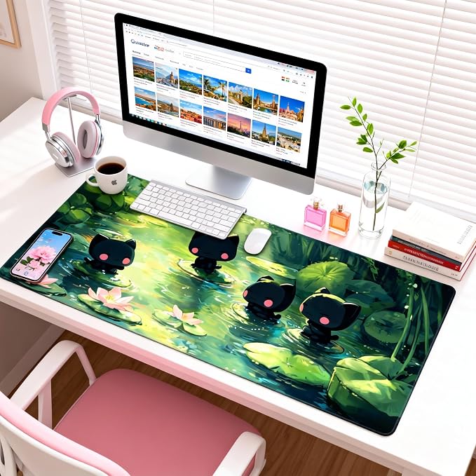 Cute Anime Black Cat Gaming Mouse Pad, Forest Green Anime Desk Mat with Anti-Slip Base & Stitched Edges, Computer Keyboard & Laptop Pad, 35.4" x 15.7" in in Workstation Accessories