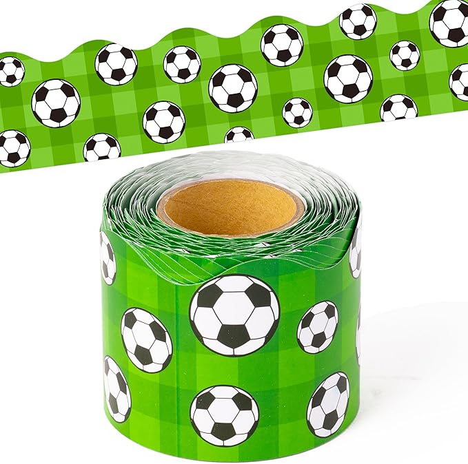 BeYumi Soccer Sport Border Trim - 65ft Back to School Soccer Sport on Green Scalloped Rolled Border Trim Football Sports Ball Theme Bulletin Board Set Party School Classroom Chalkboard Wall Decoration