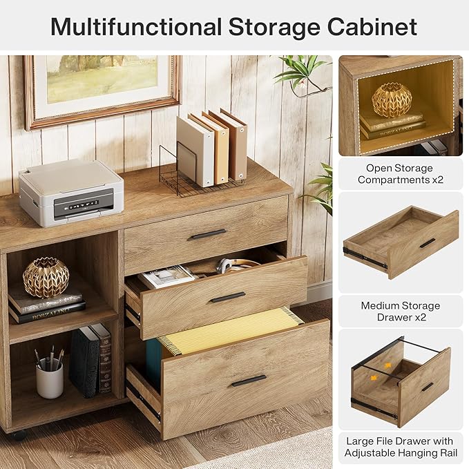 Tribesigns 63" L Shaped Desk with Storage, Executive Office Desk with Mobile Lateral File Cabinet Combo, Large Computer Table with Drawers and Shelves, Business Furniture Set for Home Office, Brown