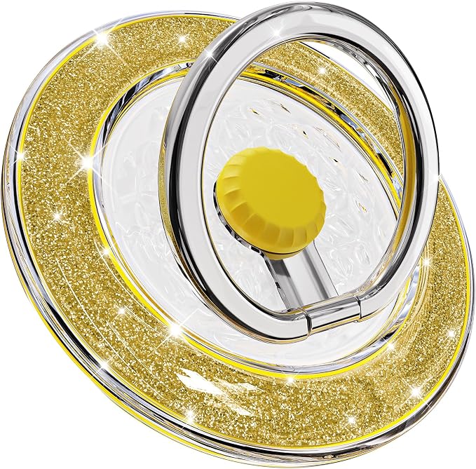 Magnetic Phone Ring Holder for MagSafe, Glitter Magnet Finger Ring Grip Stand Holder, 360° Rotation Fit for iPhone 17 16 15 14 13 12, Pro, Pro Max, Plus, Mag Safe Accessories, Yellow-Gold