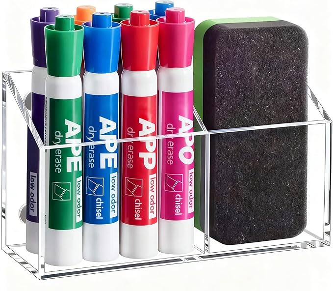 Magnetic Dry Erase Marker Holder for Whiteboard, Acrylic Magnet Pen Holder for Refrigerator Fridge, Marker Holder for Classroom Teacher, Pencil Cup, Office Accessories Decor, Locker Organizer