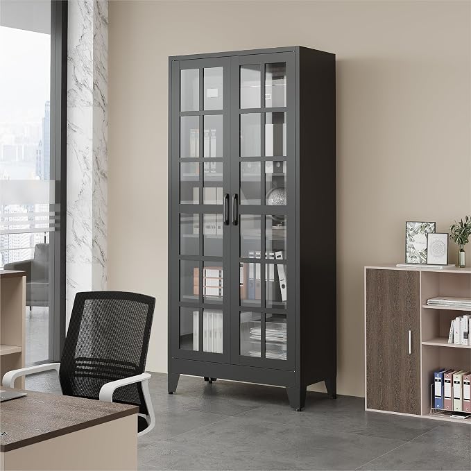 QINPTWUT 71" Tall Glass Door Storage Cabinet, Modern Metal Pantry Cabinet with 4 Adjustable Shelves, Freestanding Display Cabinet for Kitchen, Living Room, Dining Room, Home Office (Black)