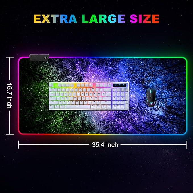 Gaming Mouse Pad RGB Starry Sky, Forest Large Mousepad with Non-Slip Rubber Base, Cool XXL Computer Desk Pad, 35.4 x15.7In Big Gaming LED Light Up Mouse Pad for Gamer