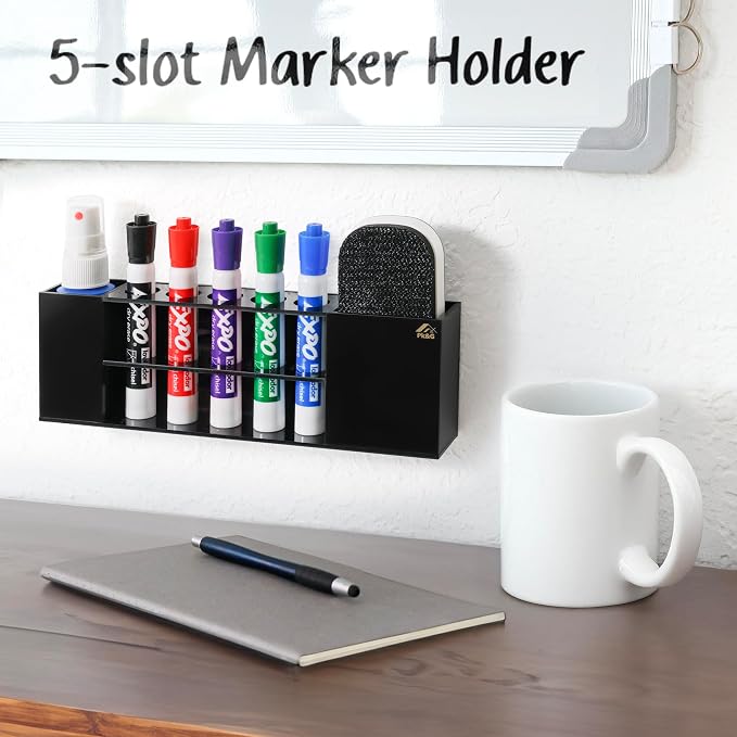 Slim Magnetic Dry Erase Marker Holder for Whiteboard, Space Saving Pen Organizer with Glass and Wall Mount Accessories for Fridge, Office, and School. Markers, Eraser, Cleaner Not Included (Black)
