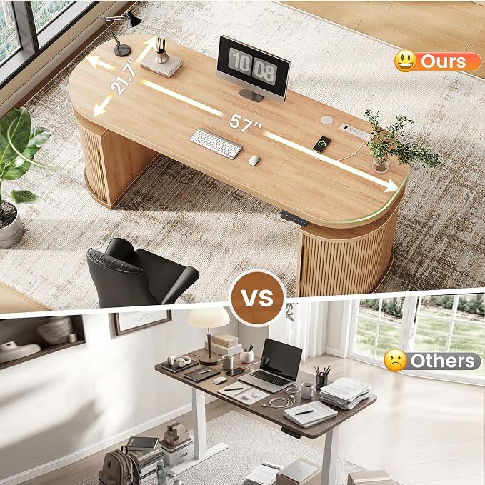 SEDETA 57" Standing Desk with Storage, Electric Height Adjustable Executive Fluted Desk with Curved Cabinets, Computer Desk with Power Strip for Home Office, Light Oak
