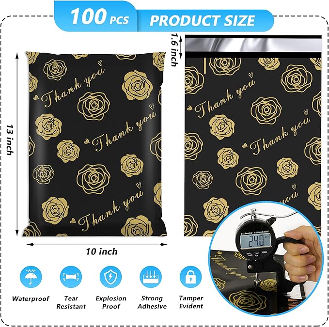 Thank You Poly Mailer 10x13 Inch 100 Pcs, Waterproof and Tear-Resistant Shipping Bags for Clothing, Strong Mailing Bags with Self-Seal, Gold Rose Printed Packaging Bags for Small Business