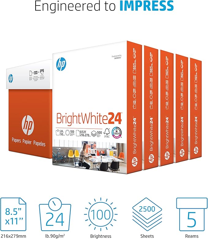 HP Paper Printer Paper 8.5x11 Office 20 lb 5 Ream Case 2500 Sheets 92 Bright Made in USA FSC Certified Copy Paper HP Compatible 112150C